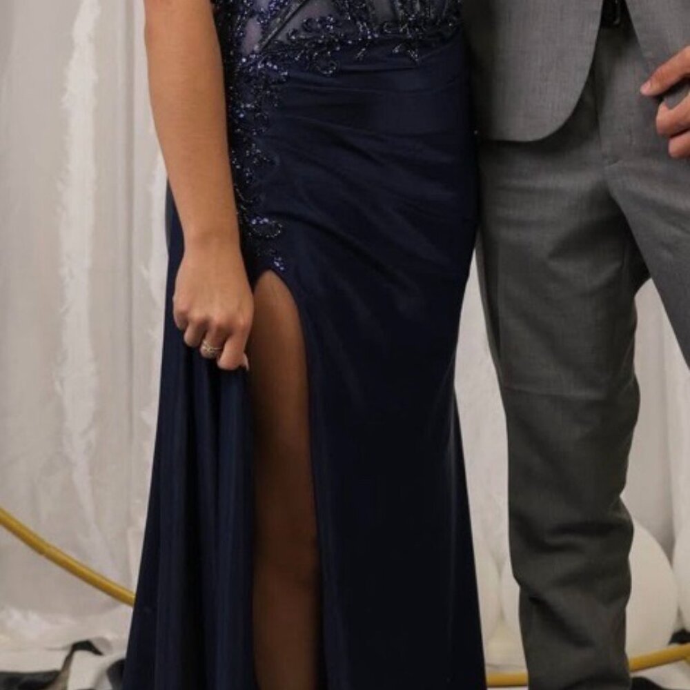 LaDivine Strapless Midnight Blue Gown with Embellished Bodice - Picture 5 of 5